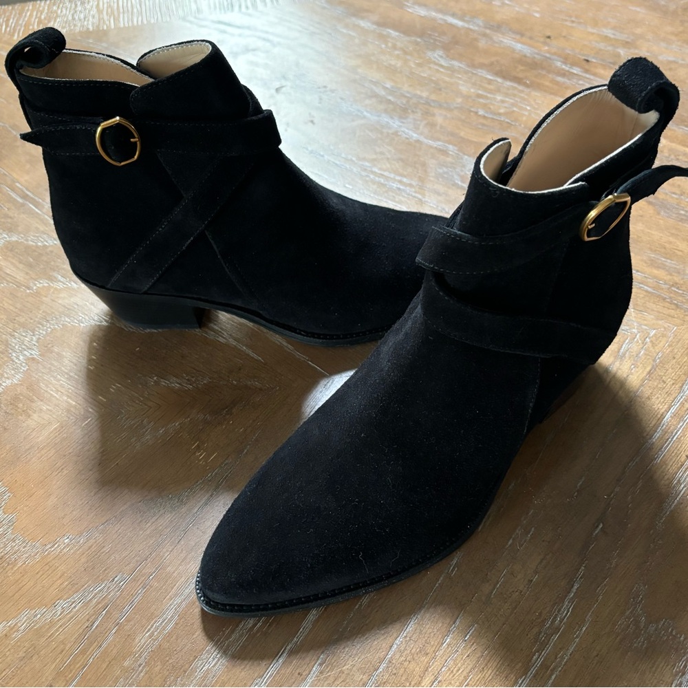 BANANA REPUBLIC Italian Ankle Suede Boots w/ Gold Buckle, Black, Size 9 - Picture 2 of 13